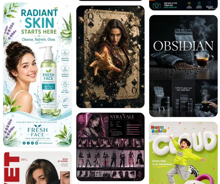 AI-generated image showcase by Genviso featuring commercial product ads, fantasy character design, and branding concepts